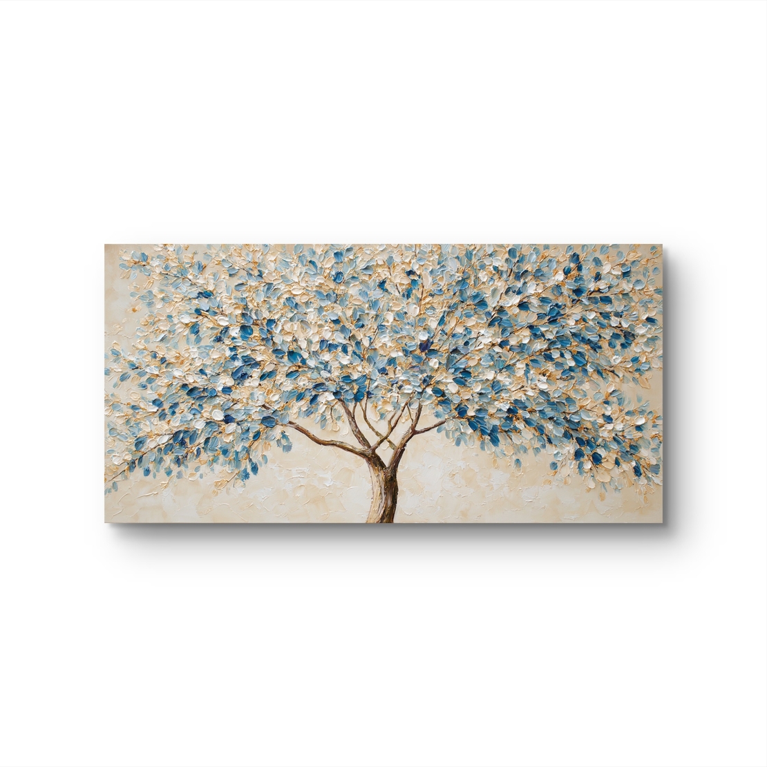 תמונת קנבס לרוחב עם עץ בגווני כחול ושמנת