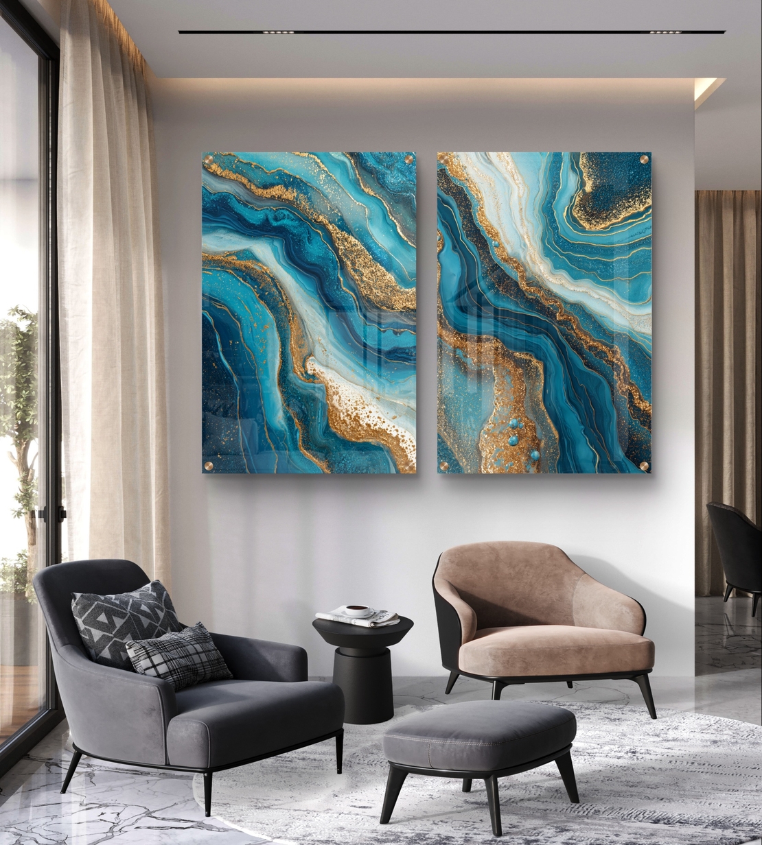תמונת זכוכית זוגית בעיצוב אבסטרקט בגווני טורקיז, כחול וזהב עם זרימה טבעית