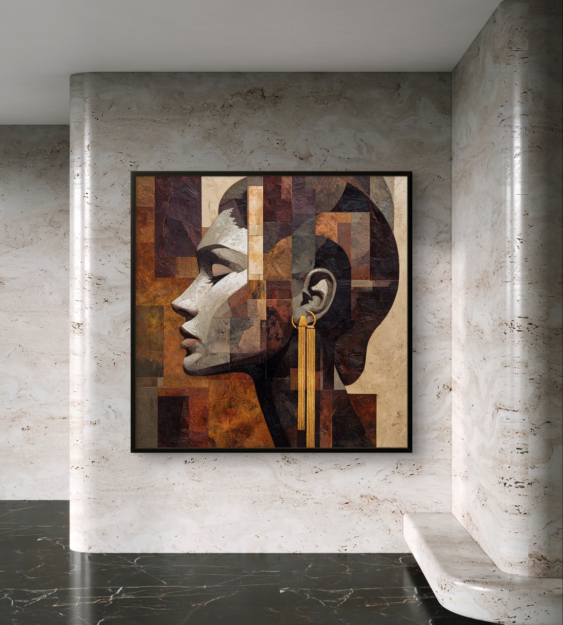 תמונת קנבס מרובעת עם דיוקן נשי אבסטרקטי בפרופיל, בגווני חום, בז’ וזהב, הדפסה חלקה ללא תבליט