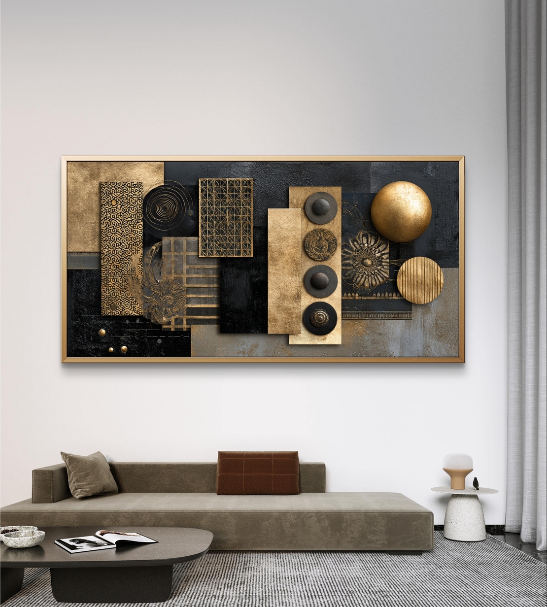תמונת קנבס אבסטרקטית לרוחב בגווני שחור וזהב עם צורות גאומטריות וטקסטורות יוקרתיות
