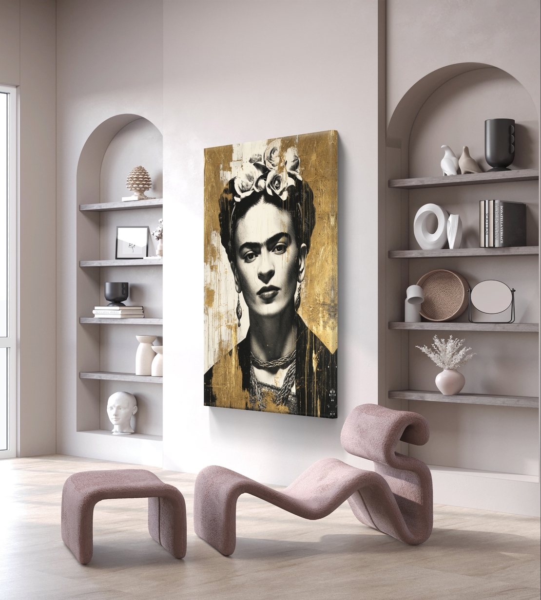 דיוקן זהב פרידה קאלו מונוכרומטי – תמונת קנבס אישה בשחור לבן וזהב | DC4472
