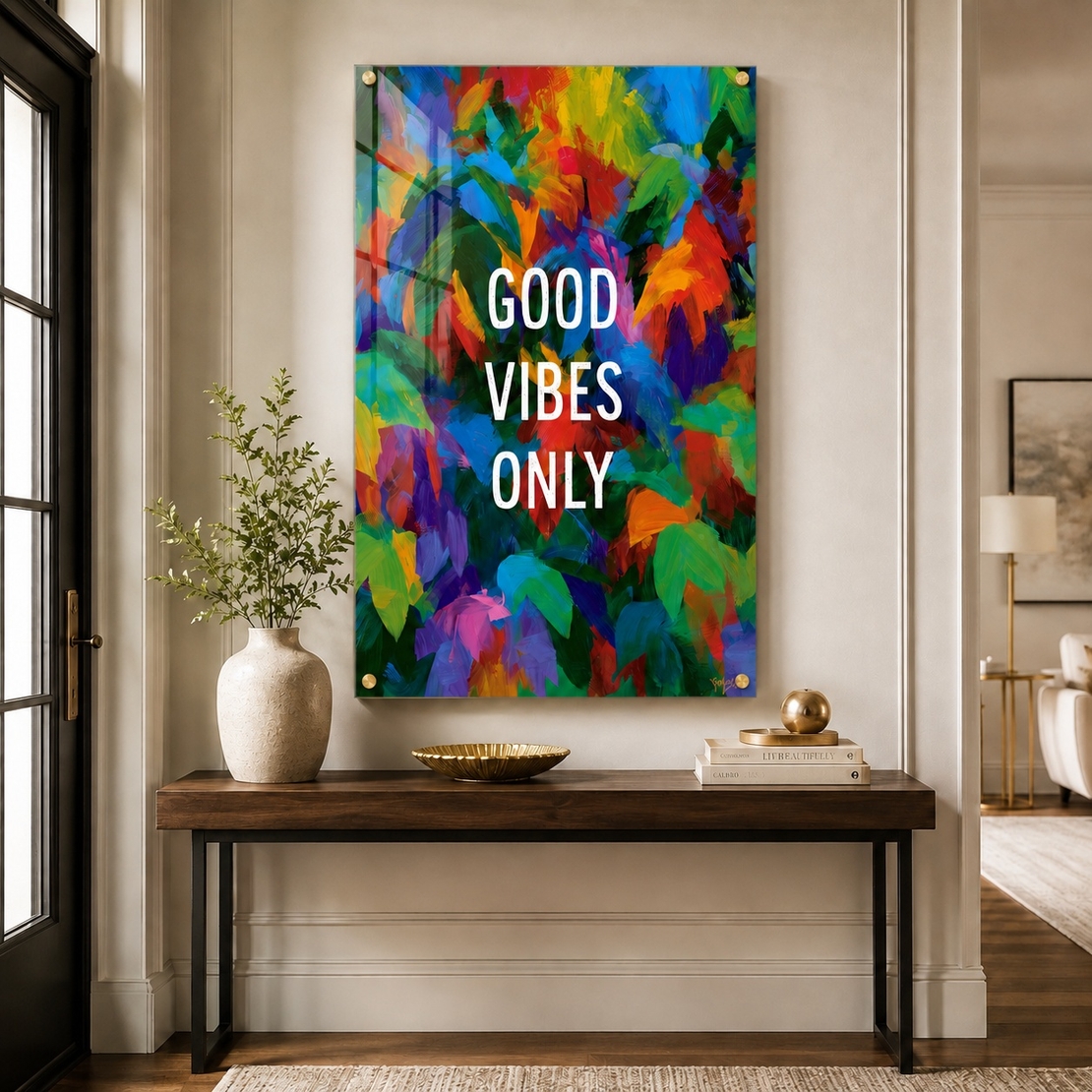 Good Vibes צבעוני – תמונת זכוכית אבסטרקטית עם מסר חיובי – דגם GT9434