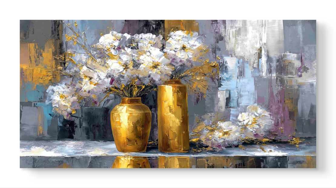 תמונת קנבס Golden Bloom – אגרטלי זהב עם פרחים לבנים על רקע מופשט יוקרתי