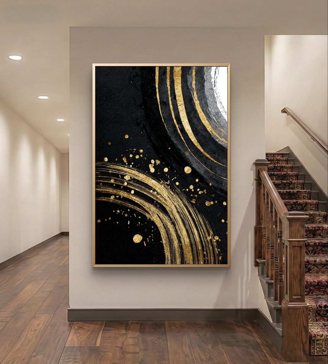 מעגלי זהב על שחור – תמונת קנבס אבסטרקט יוקרתית בשחור, לבן וזהב | DC4473