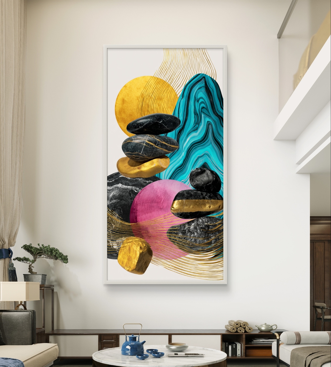 תמונה מודרנית לקיר גבוה בגווני שחור, ורוד וטורקיז עם זהב.