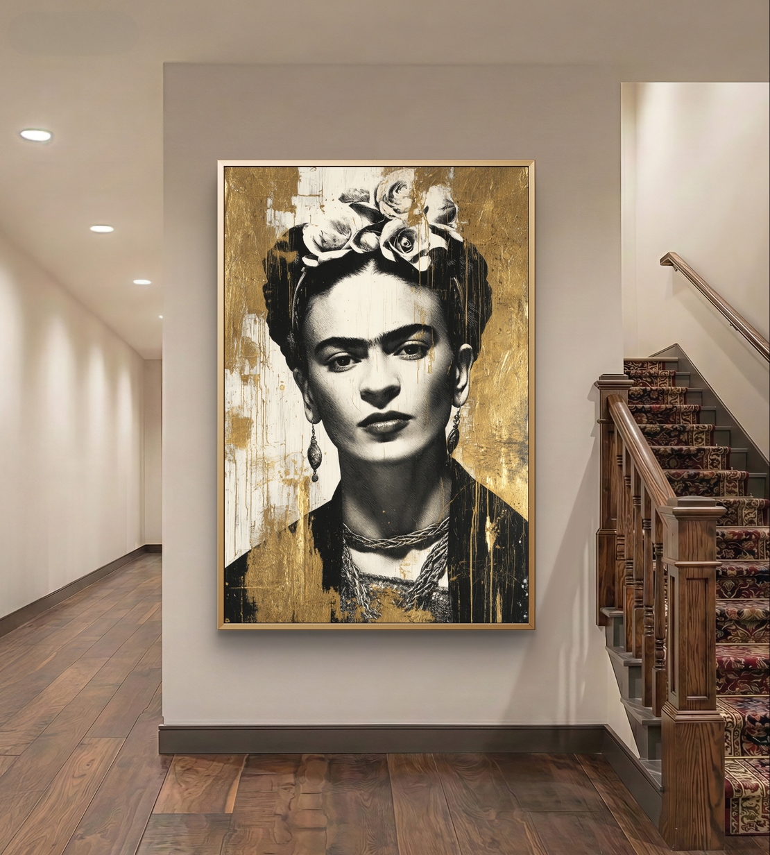 דיוקן זהב פרידה קאלו מונוכרומטי – תמונת קנבס אישה בשחור לבן וזהב | DC4472