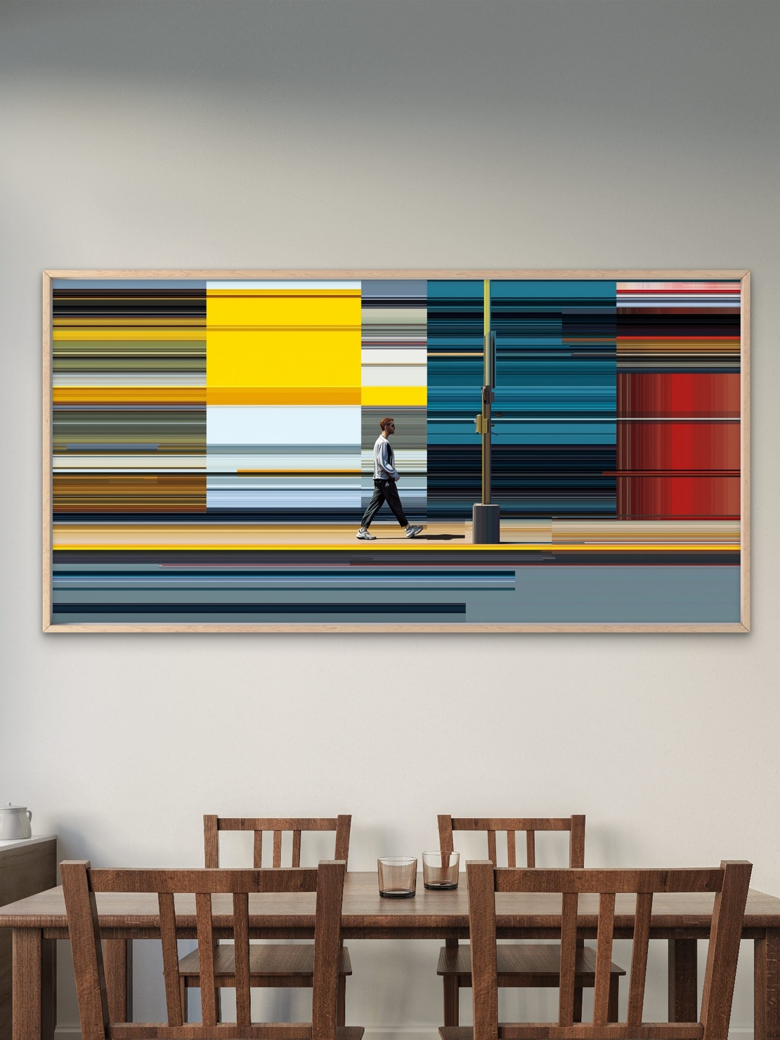 תמונת קנבס מודרנית עם דמות צועדת על רקע קווים צבעוניים מופשטים בגווני צהוב, אדום וטורקיז – NEXTGEN BY BAR