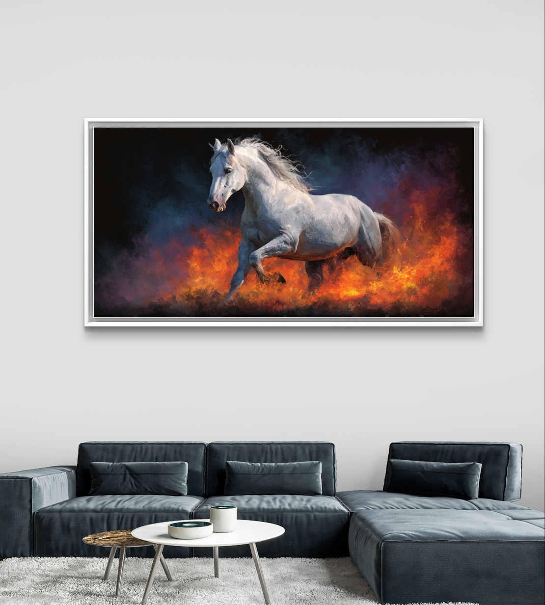 תמונת קנבס לסלון – סוס האש: סוס לבן דוהר בלהבות | דגם CF6772