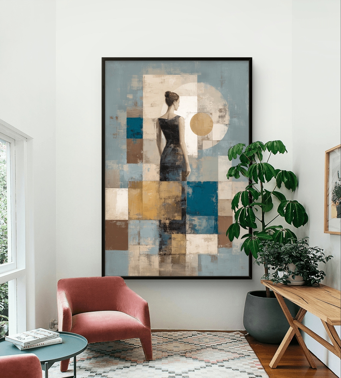 תמונת קנבס של דמות נשית בגב לצופה עם קומפוזיציה גאומטרית בגווני תכלת, קרם וחום בהדפסה חלקה