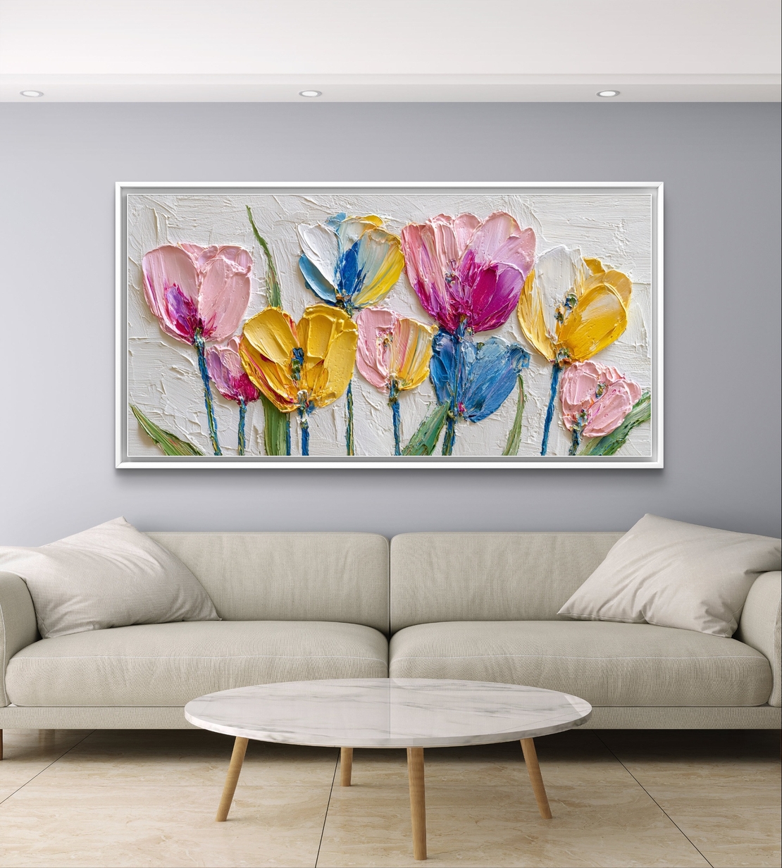 תמונת קנבס לרוחב עם פרחים צבעוניים בסגנון ציור אמנותי ועדין לעיצוב הבית