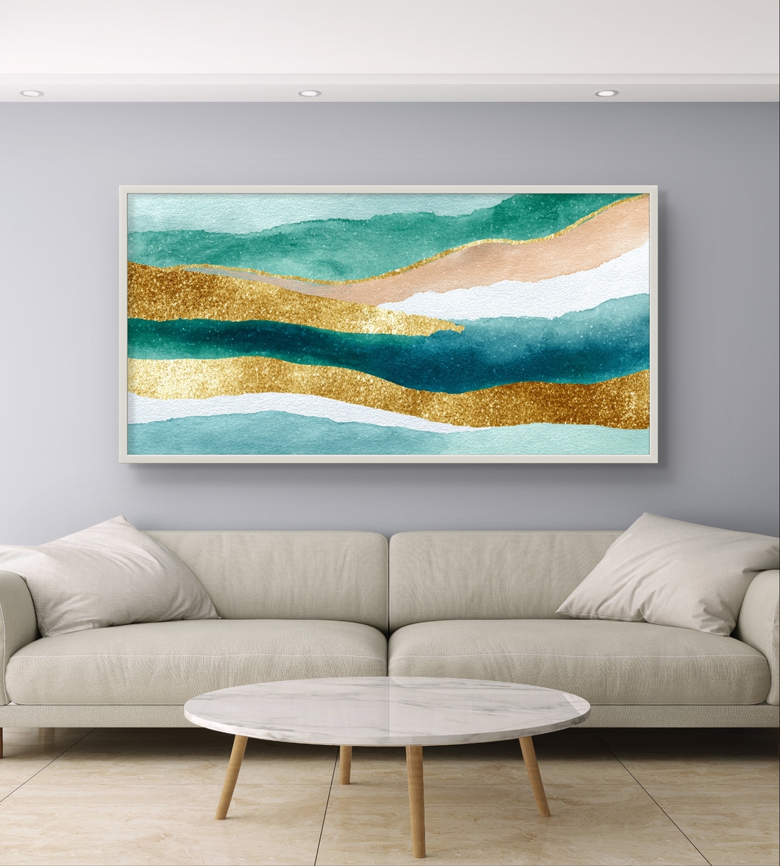 תמונת קנבס אבסטרקט טורקיז וזהב לרוחב – גלי אקוורל יוקרתיים | CJ6531