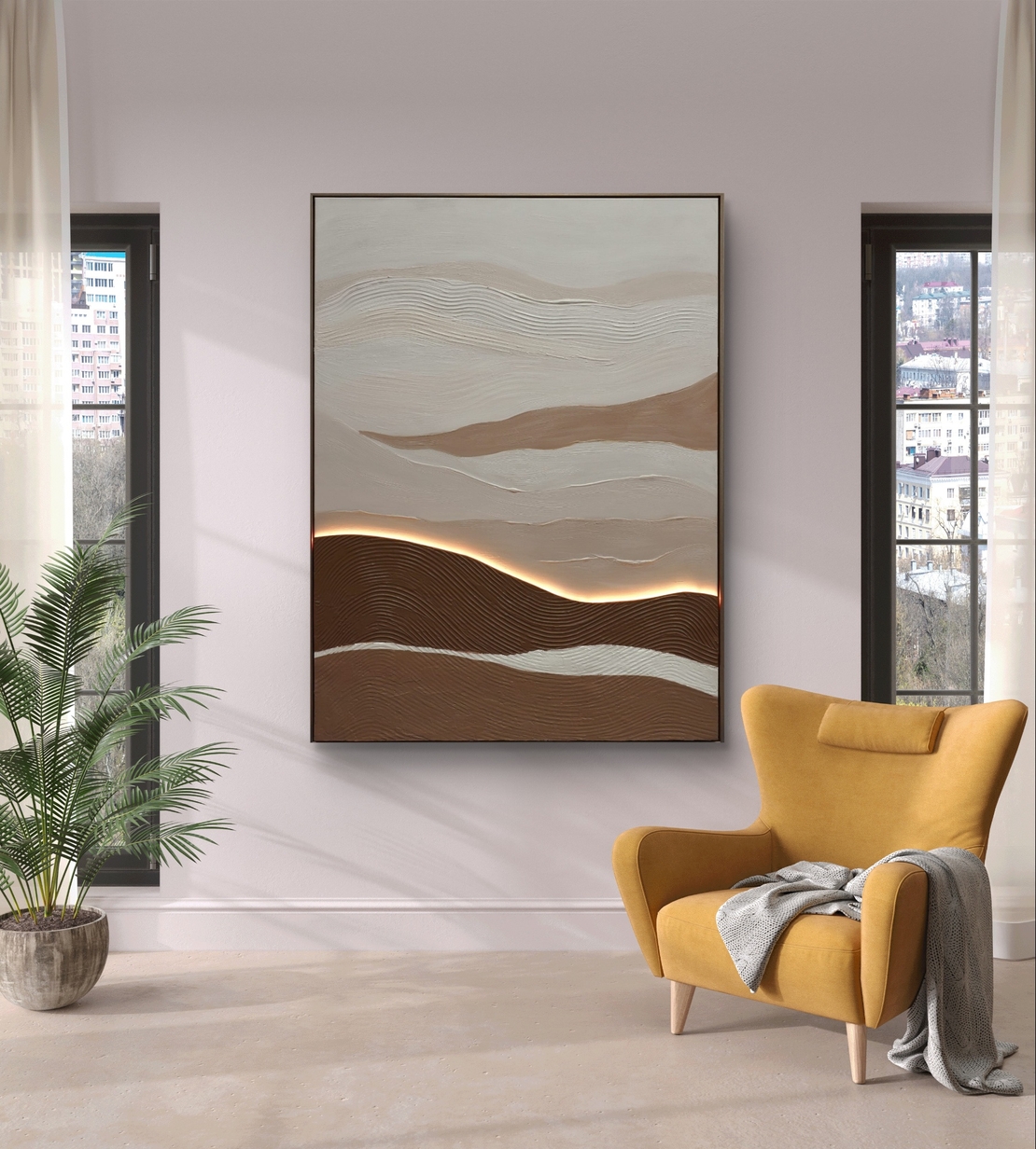 תמונת LED עבודת יד נוף אבסטרקטי בגווני שמנת וחום – מופעלת על סוללות עם שלט רחוק מידה 123*83 ס