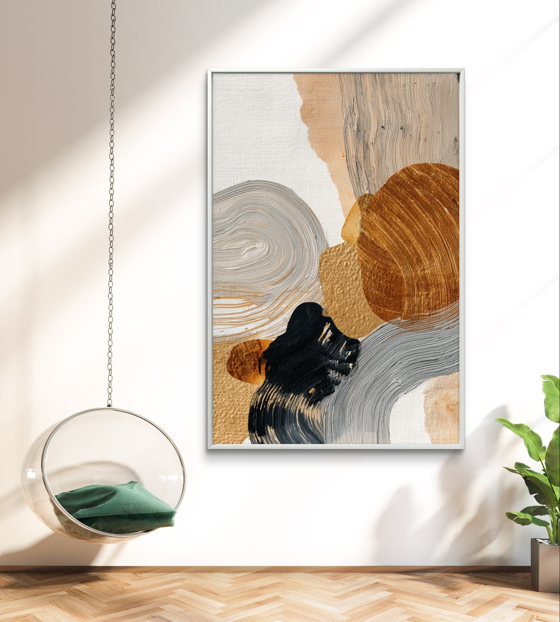 תמונת קנבס אבסטרקטית בגווני זהב, אפור, שחור ובז' עם הדפסה חלקה – תכשיט לבית