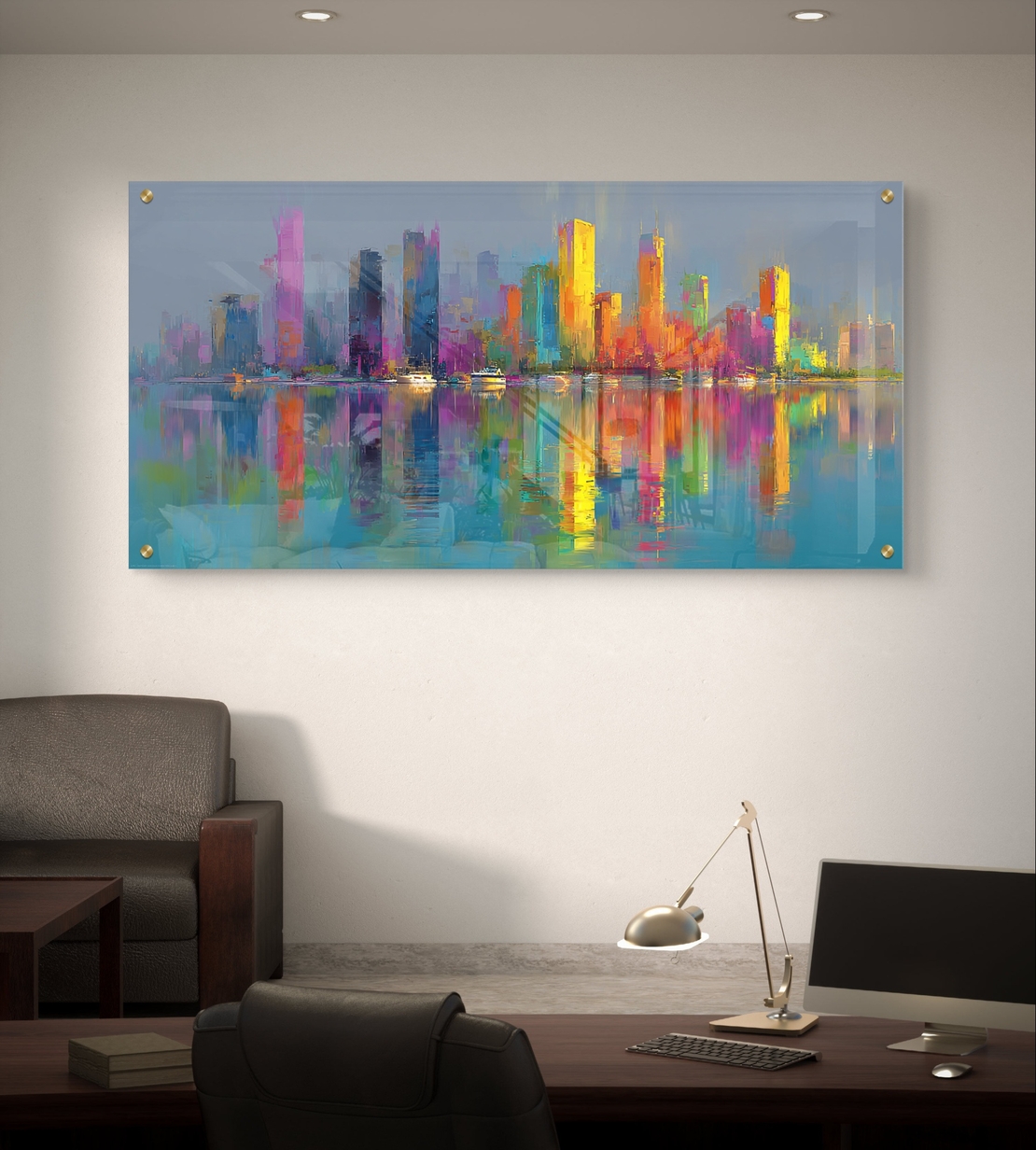 תמונת זכוכית לרוחב המציגה קו עיר צבעוני בהדפסה חלקה – תכשיט לבית