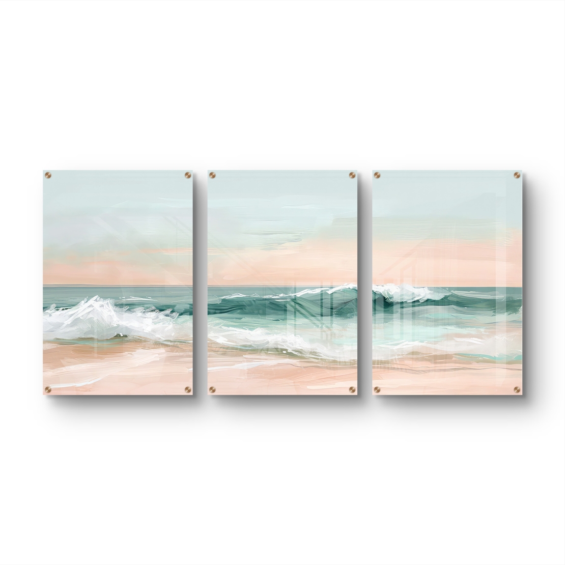 שלשת תמונות זכוכית חוף פסטלי בגווני טורקיז, שמנת ואפרסק – דגם GG5471