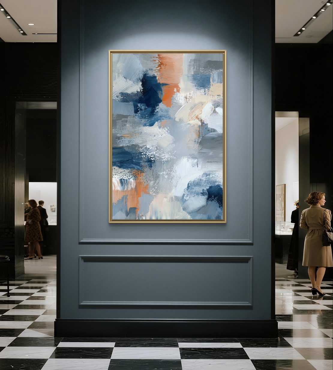 תמונת קנבס אנכית אבסטרקטית בגווני כחול אפור ואפרסק עם משיחות מכחול רכות