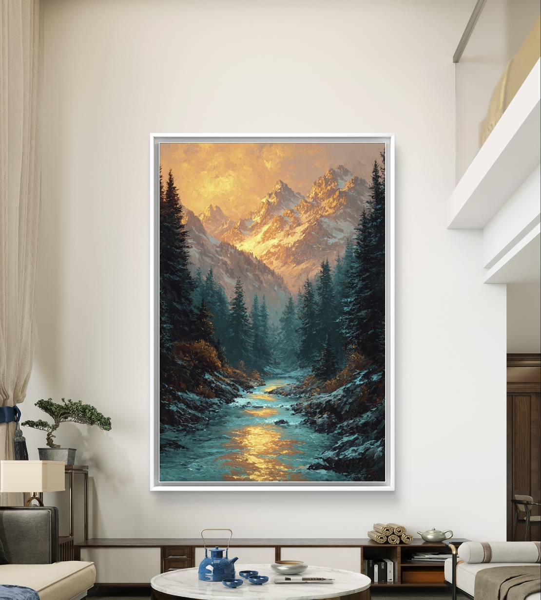 נהר זהוב בין ההרים – תמונת קנבס נוף הרים ויער בגווני כחול וזהב | DC4474