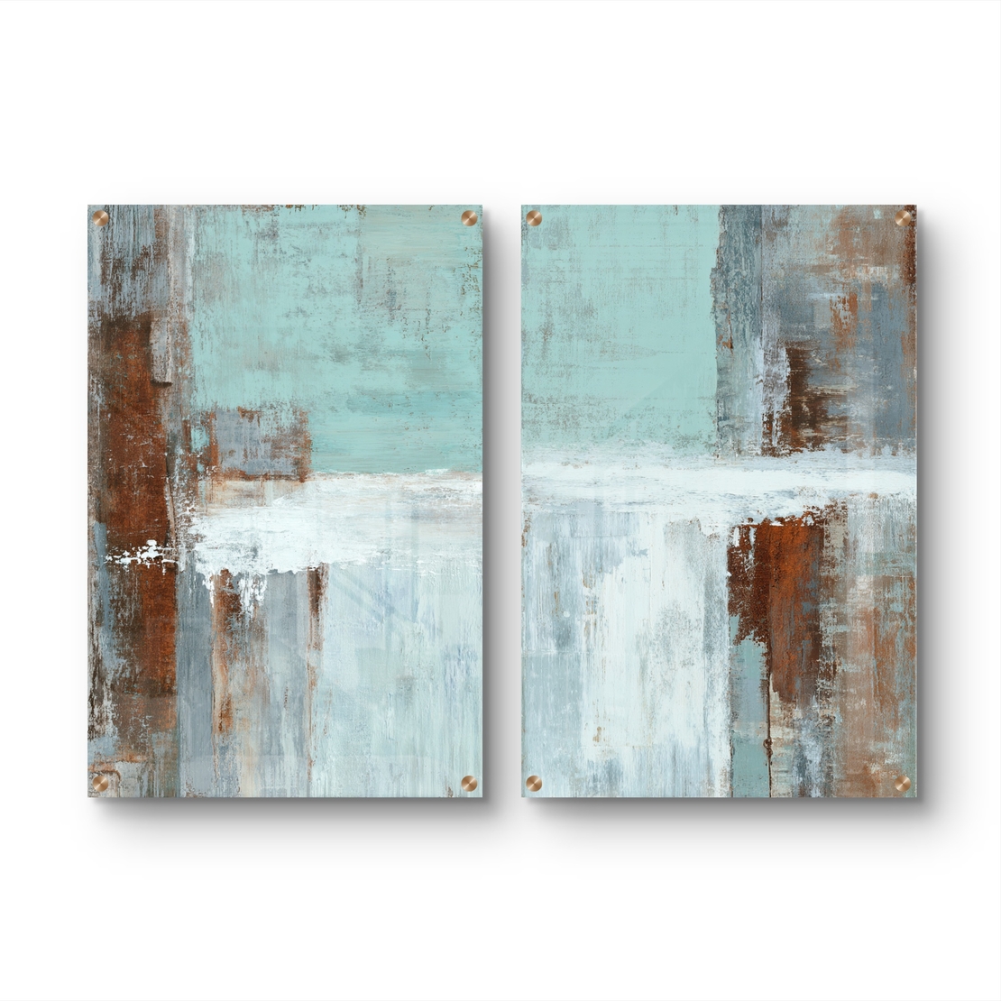 סט תמונות זכוכית זוגי בגווני טורקיז, לבן וחלודה בעיצוב אבסטרקטי – תכשיט לבית