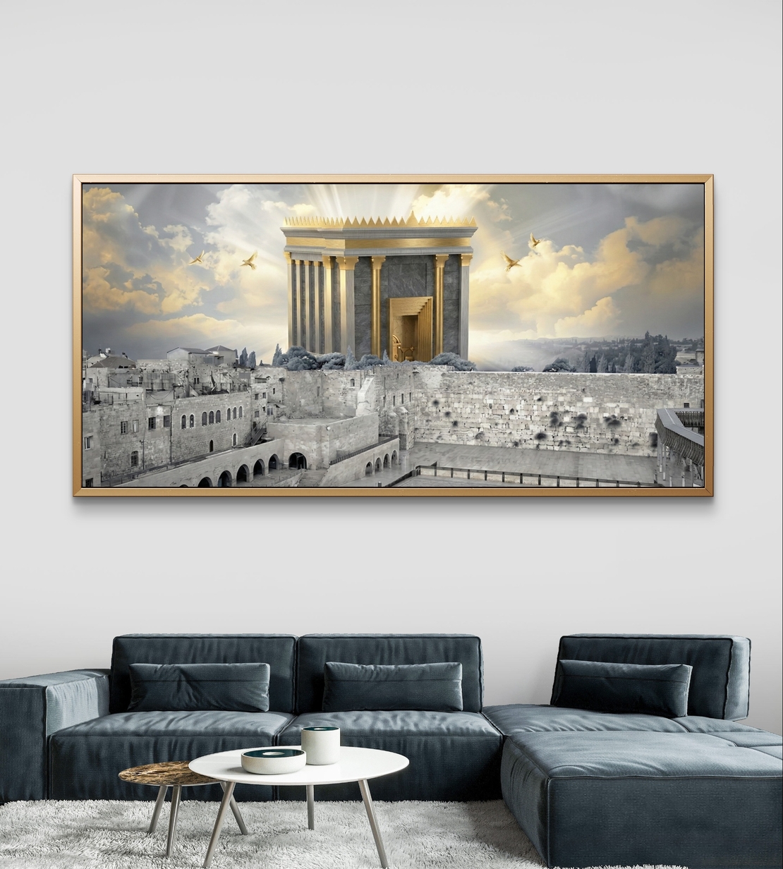 תמונת קנבס לרוחב של בית המקדש מעל ירושלים עם אור זהב שמיימי, עיצוב קדוש ומרומם לבית – מבית תכשיט לבית