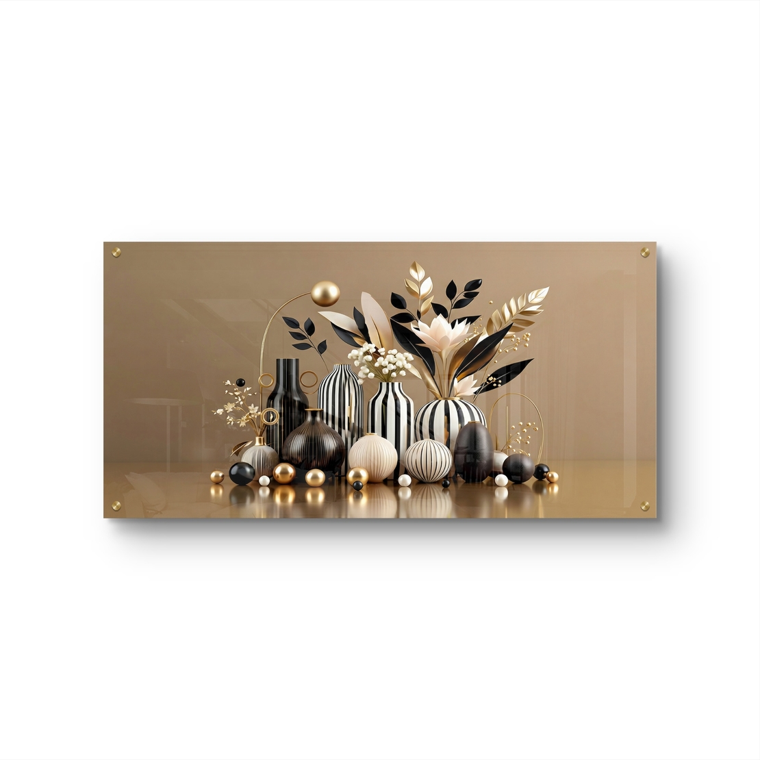 אגרטלים נואר – תמונת זכוכית טבע דומם עם אגרטלים שחור-זהב ופריחה מעוצבת | PN1005