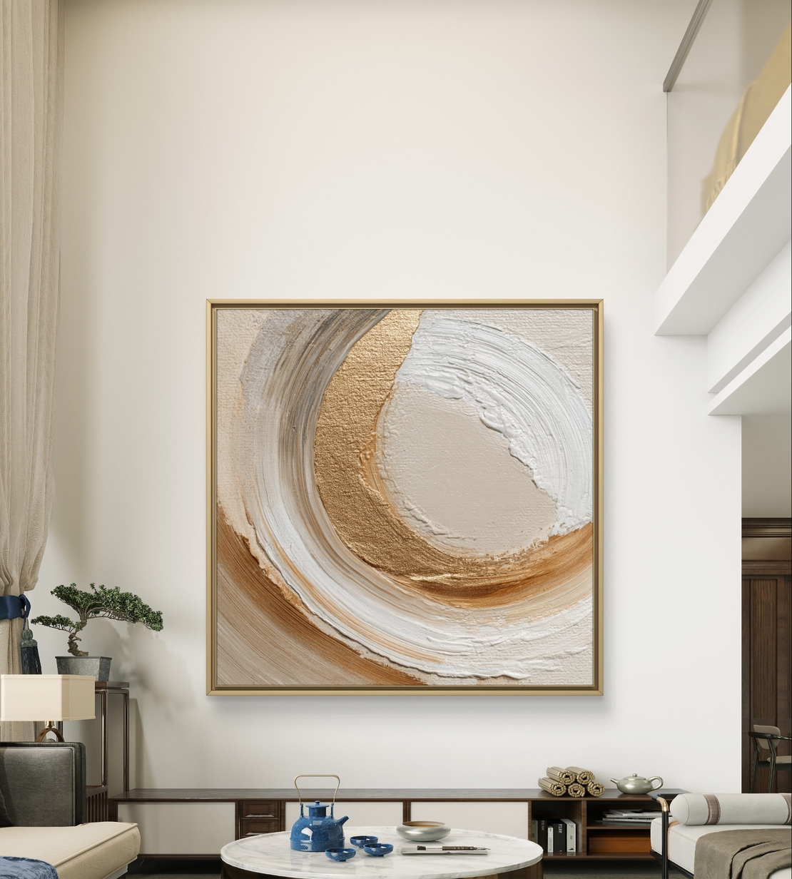 תמונת קיר אבסטרקטית ניטרלית בבז׳ וזהב עם טקסטורה עדינה בעיצוב מודרני