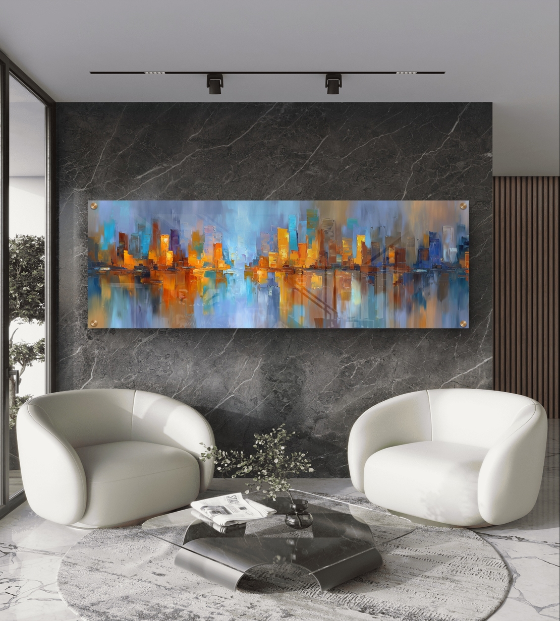 תמונת זכוכית פנורמית אבסטרקטית עם קו־רקיע עירוני והשתקפות במים בגווני כחול וזהב בעיצוב מודרני ויוקרתי