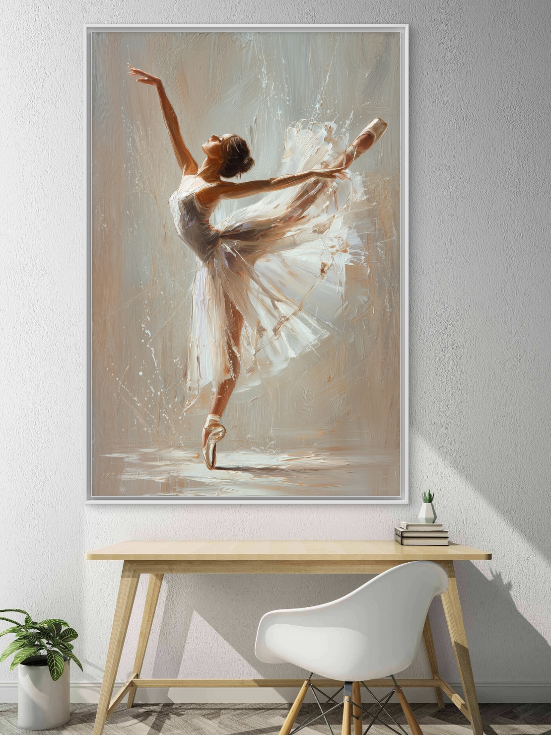 תמונת קנבס של רקדנית בלט לבושה בשמלה לבנה בתנועה אלגנטית, מודפסת בהדפסה חלקה ואיכותית מקולקציית NEXTGEN BY BAR.