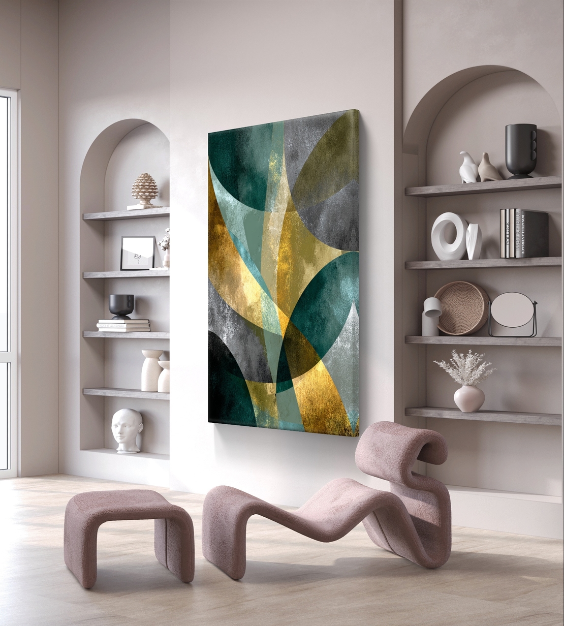 קימורים בטורקיז וזהב – תמונת קנבס אבסטרקט גיאומטרית בגווני ירוק, זהב ואפור | DC4471