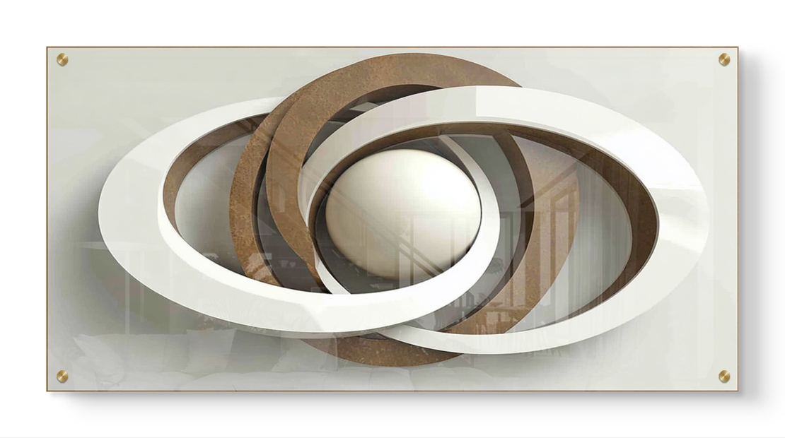 תמונת זכוכית לרוחב עם עיצוב אבסטרקטי של מעגלים חופפים וכדור מרכזי בגווני לבן וחום, בהדפסה חלקה