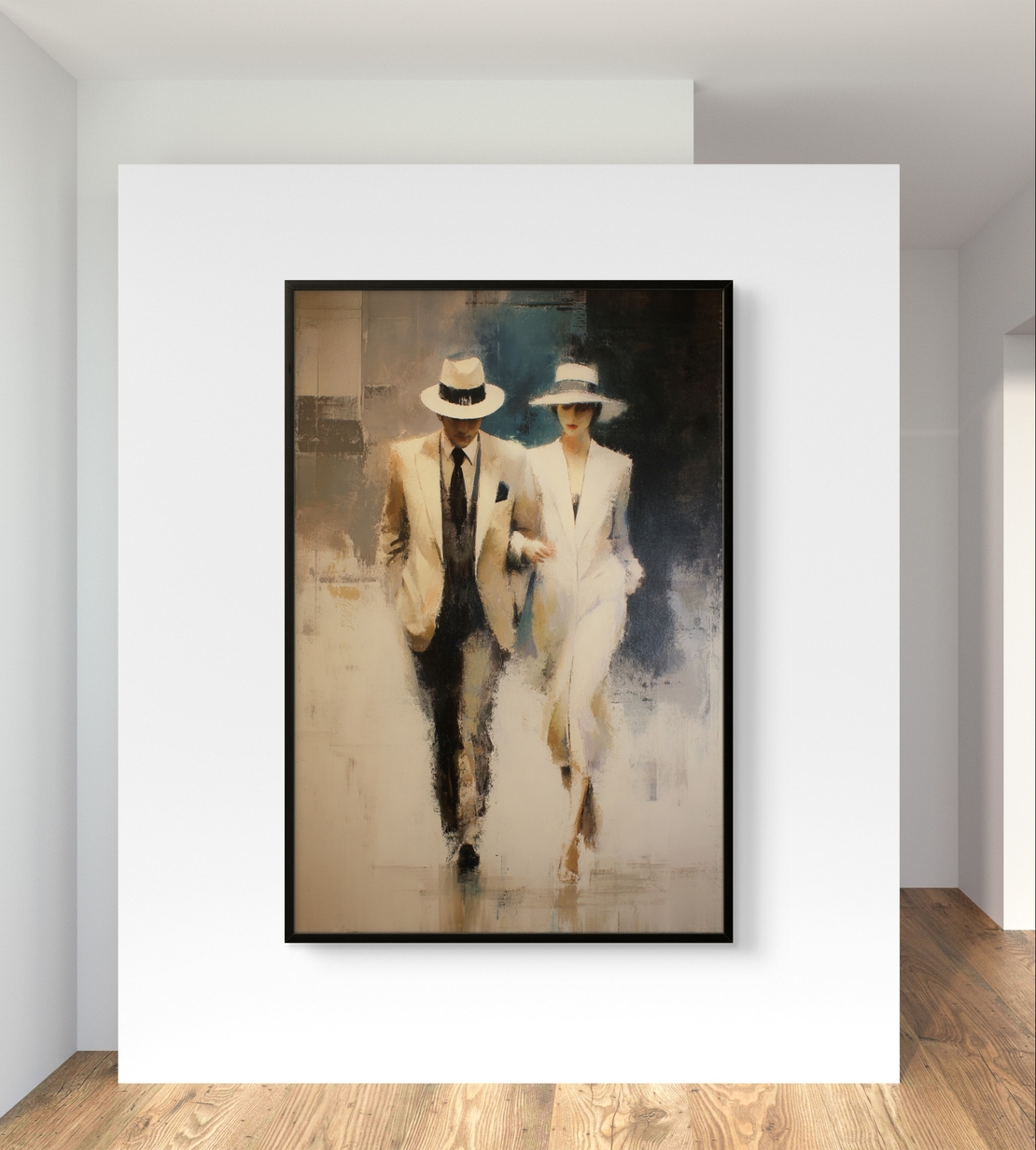 תמונת קנבס אנכית של זוג אלגנטי הולך יחד בגווני שמנת כחול ואפור