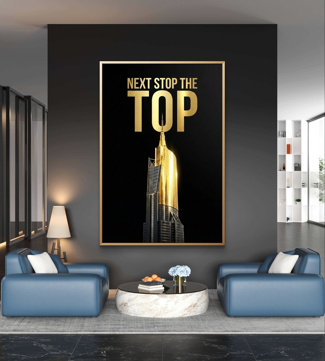 תמונת קנבס לאורך עם מסר מוטיבציה Next Stop The Top בגווני שחור וזהב, הדפסה חלקה ללא תבליט
