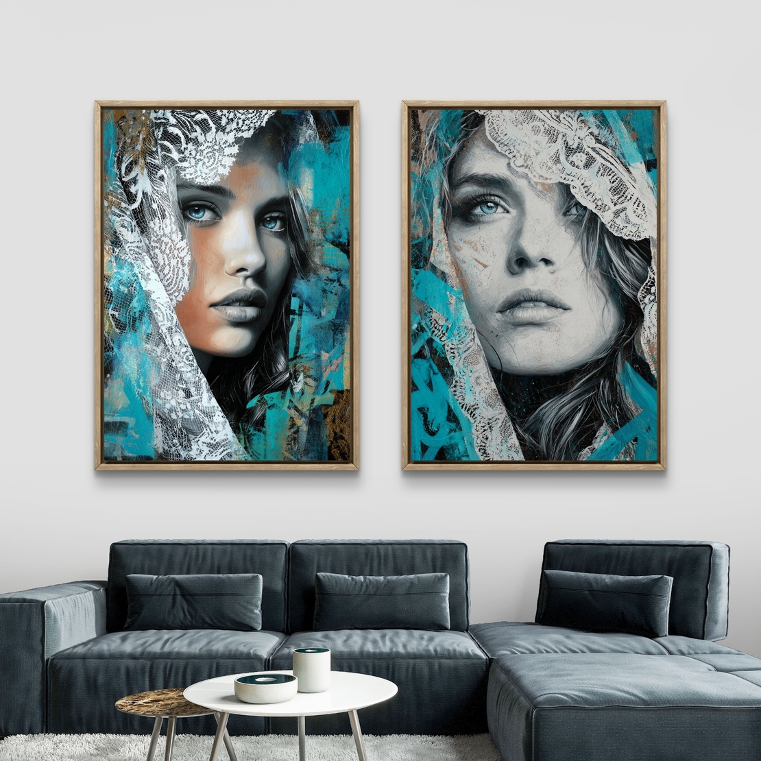 תמונת קנבס זוגית עם דיוקנאות נשיים אמנותיים בגווני טורקיז ושחור עם נגיעות תחרה