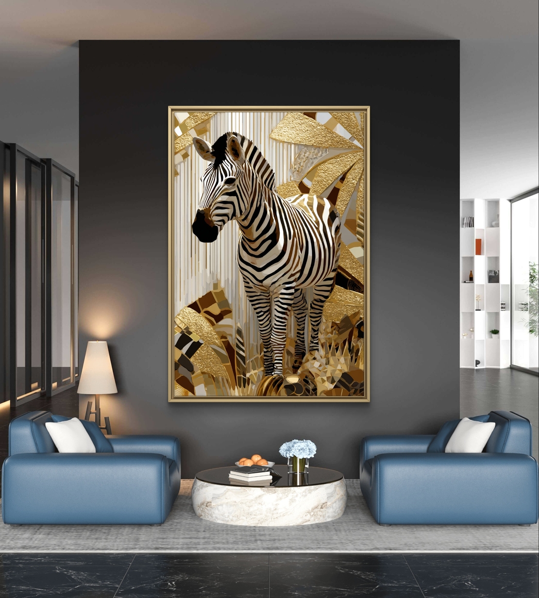 תמונת קנבס זברה מוזהבת בעיצוב יוקרתי לסלון