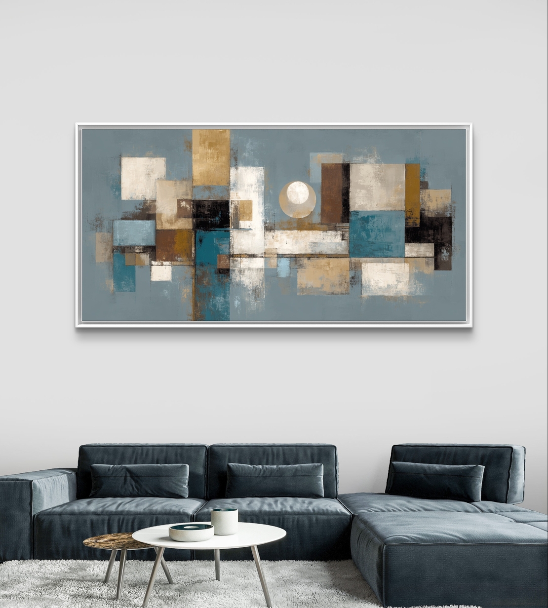 תמונת קנבס לרוחב בסגנון אבסטרקט גאומטרי בגווני כחול ובז’ לעיצוב הבית