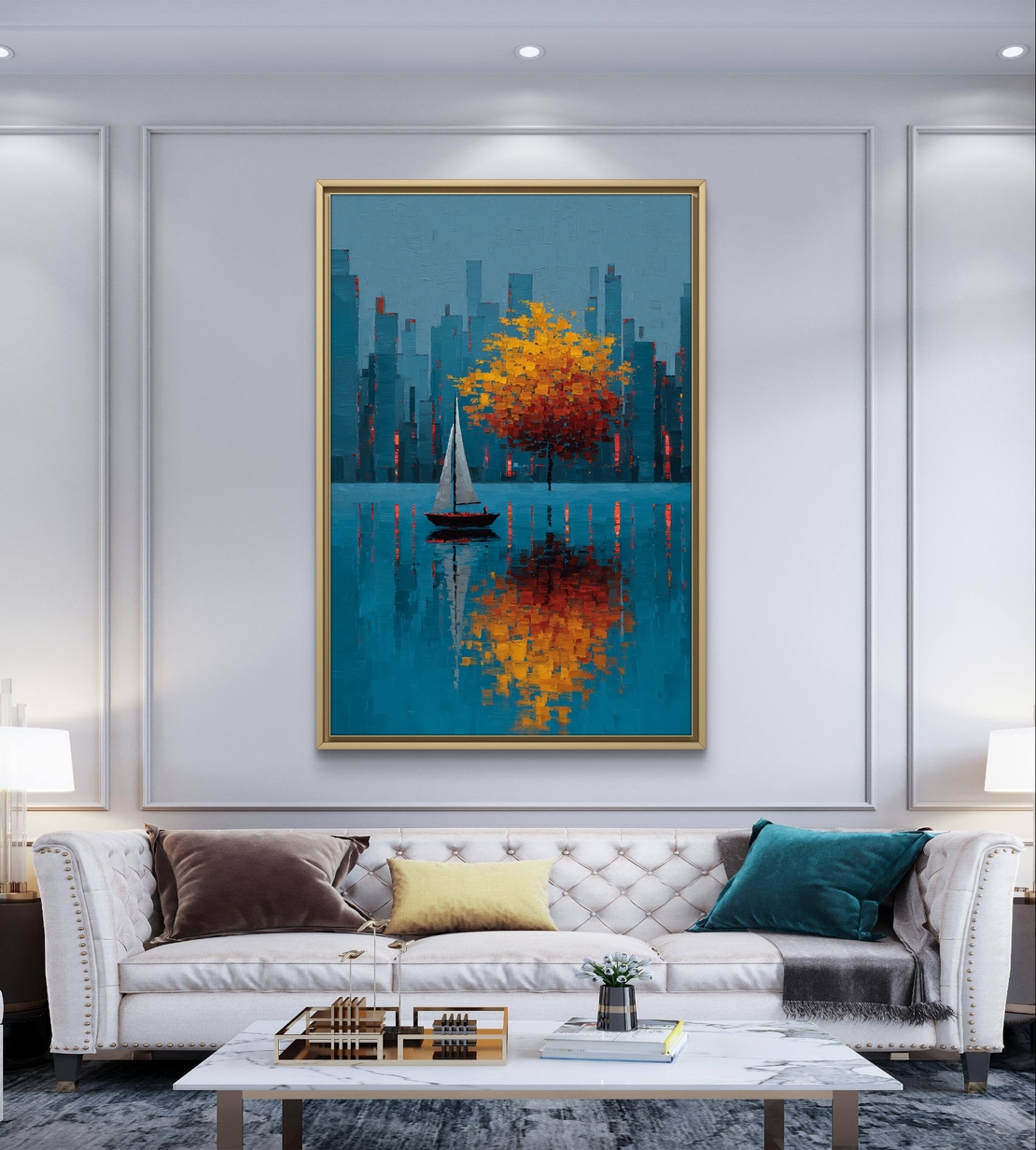 תמונת קנבס נוף עירוני עם עץ שלכת וסירה במים