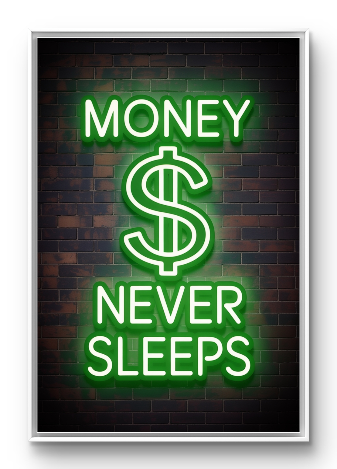 תמונת קנבס לאורך בעיצוב ניאון ירוק עם הכיתוב MONEY NEVER SLEEPS על רקע קיר לבנים