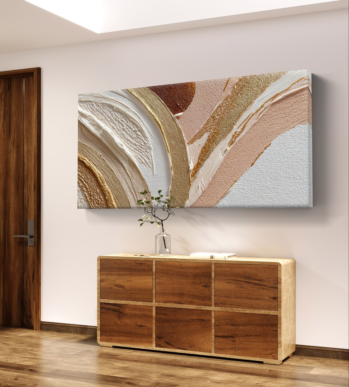 תמונת קנבס אבסטרקטית לרוחב בגווני שמנת, ורוד וזהב עם קווים זורמים ועיצוב אלגנטי