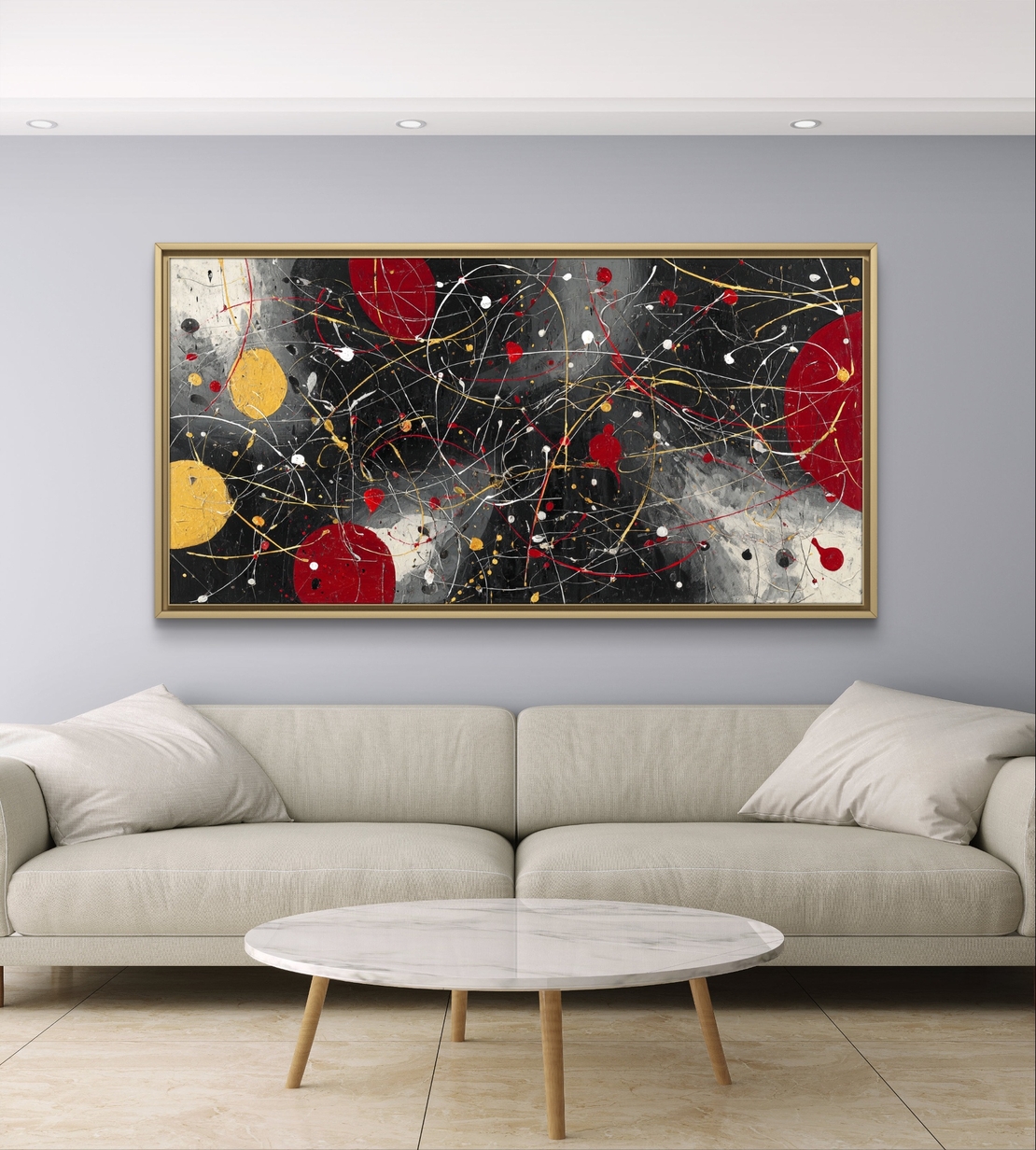 תמונת קנבס אבסטרקטית לרוחב בגווני שחור, אדום וצהוב עם קווים דינמיים ונגיעות זהב