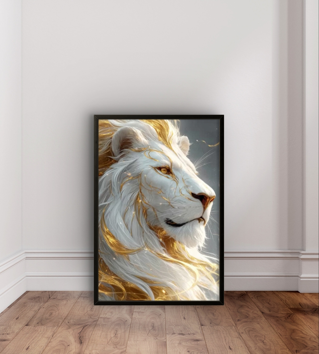 תמונת קנבס של אריה לבן עם נגיעות זהב בעיצוב יוקרתי, שקט ועוצמתי לבית