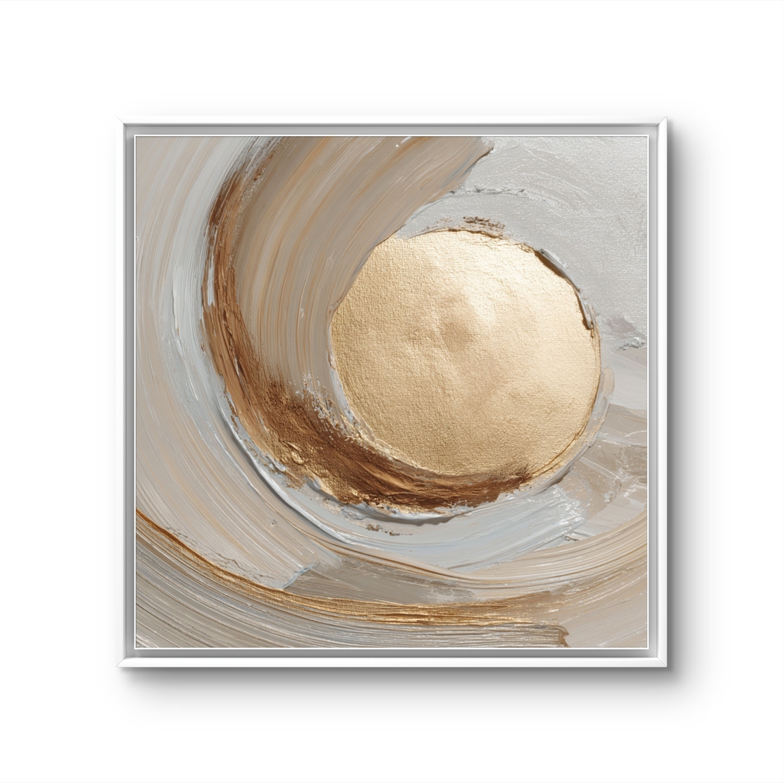 תמונת קנבס מרובעת אבסטרקטית בגווני שמנת עם אלמנט עגול זהוב במרכז, הדפסה חלקה ללא תבליט