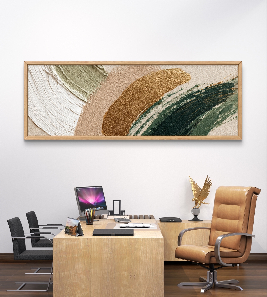 קשתות חול וזית – תמונת קנבס פנורמית אבסטרקטית בטקסטורת מכחול בגווני ירוק, בז׳ וזהב | CT4674