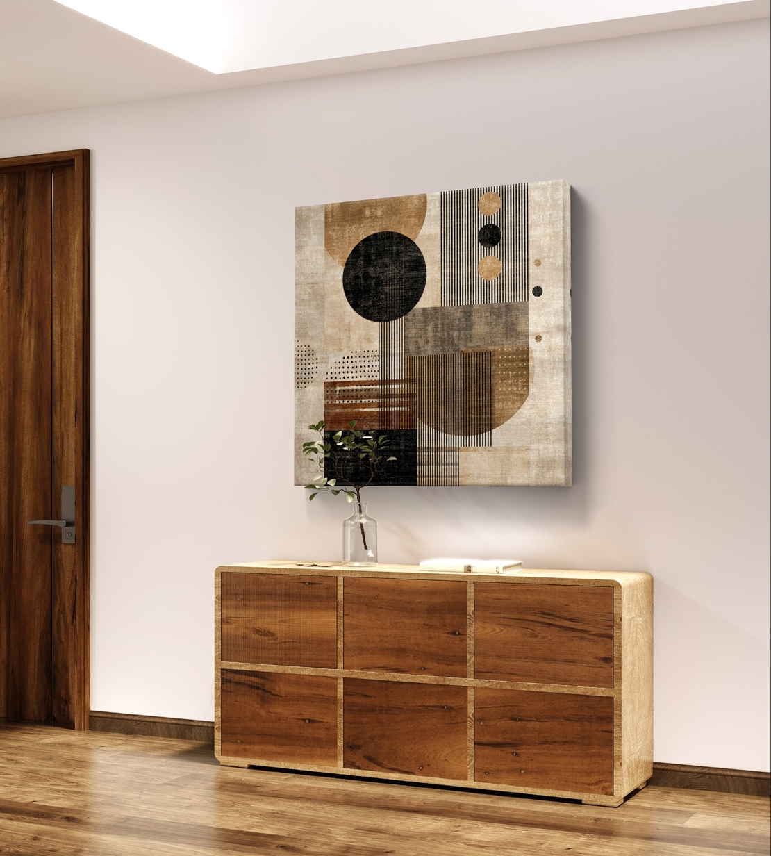 תמונת קנבס גיאומטרית מודרנית בבז׳ ושחור עם עיגולים וקווים בטקסטורת בד