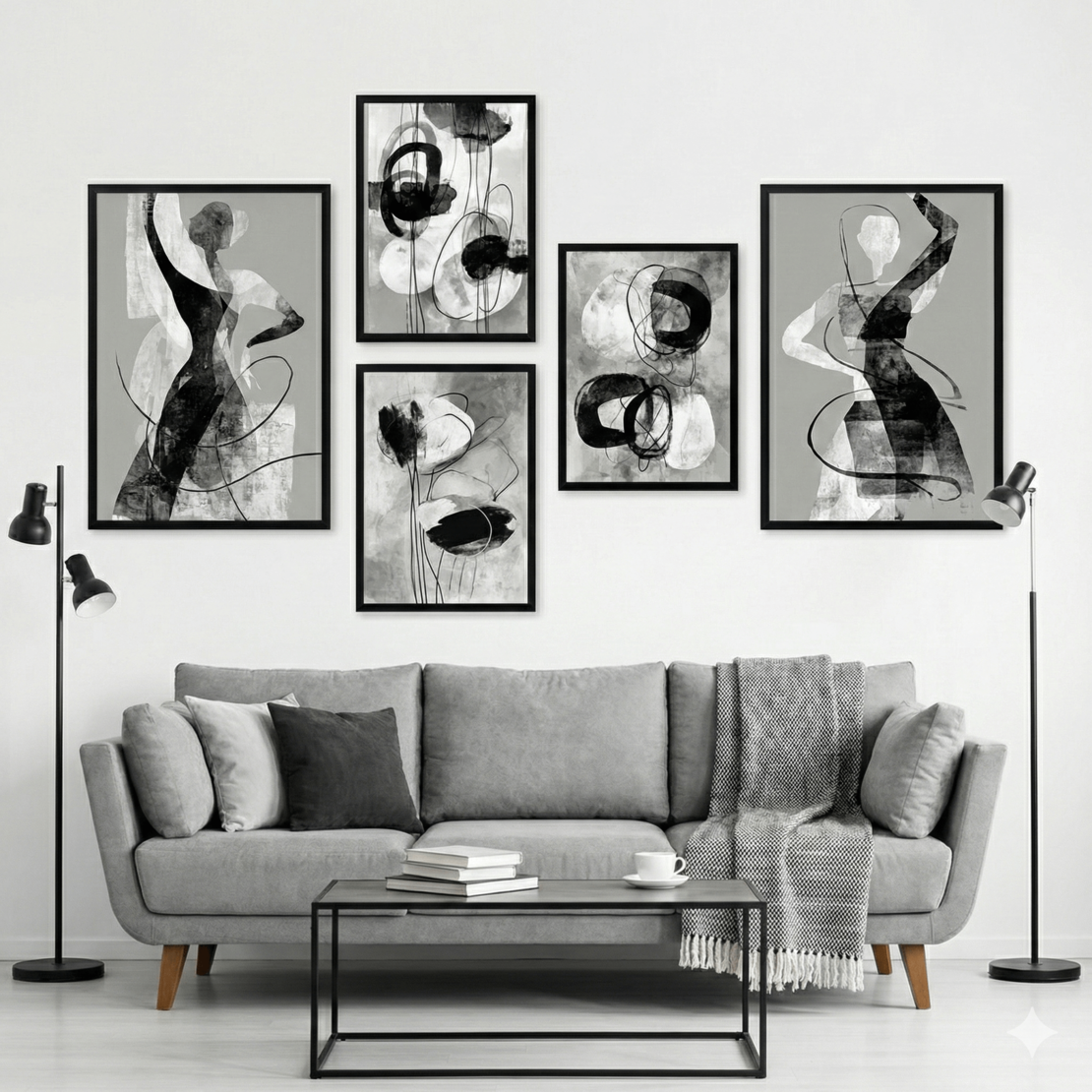 סט קנבס של חמש תמונות אבסטרקטיות בשחור ולבן עם קווים ודמויות בסגנון מודרני