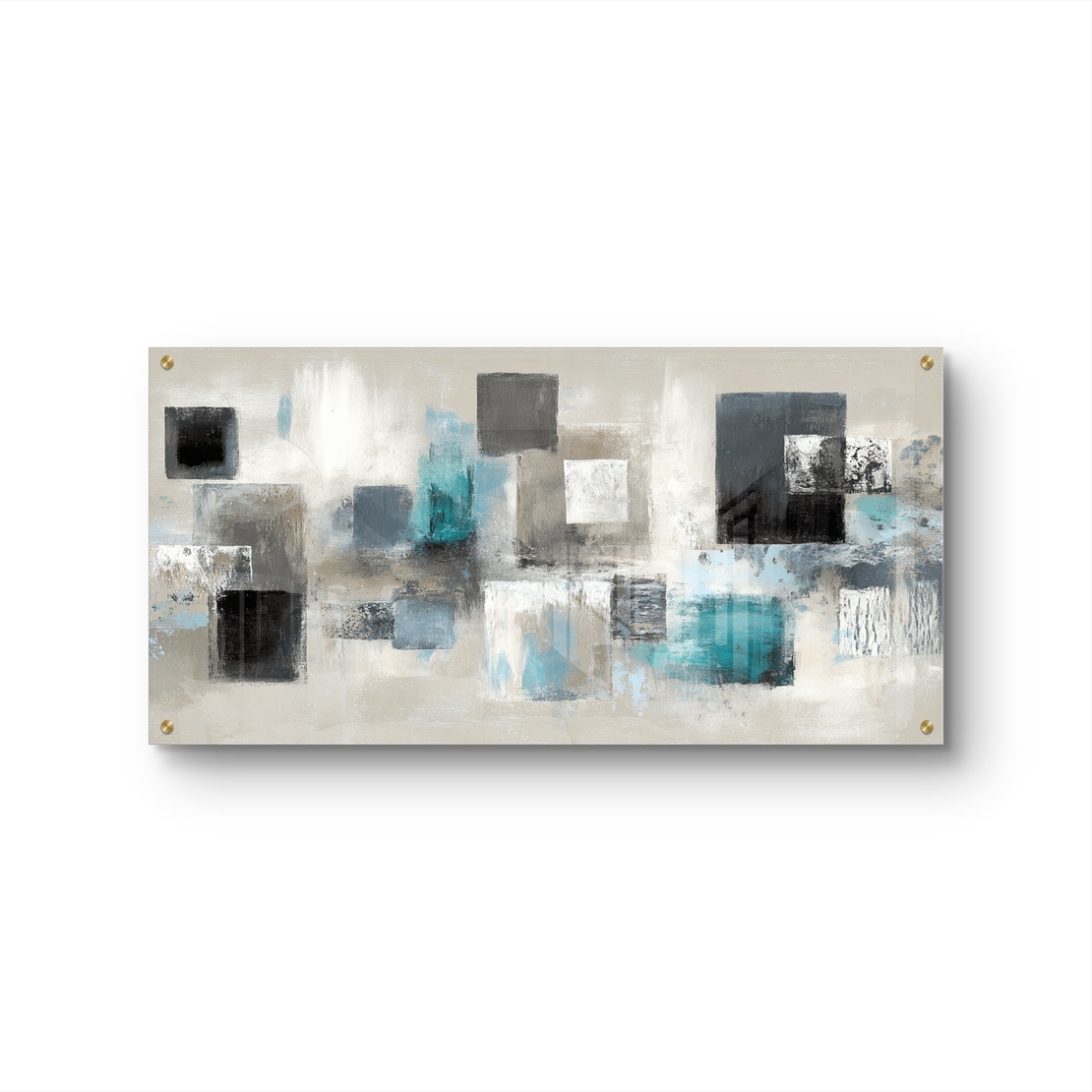 תמונת זכוכית לרוחב עם ריבועים אבסטרקטיים בגווני שחור, אפור וטורקיז על רקע בהיר – תכשיט לבית