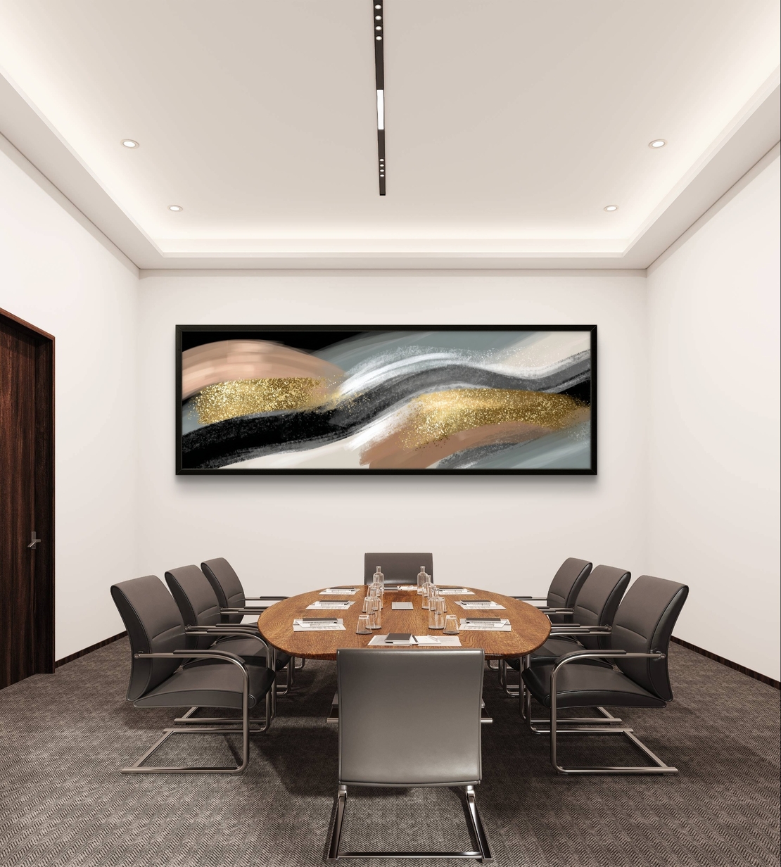 גל זהב – תמונת קנבס אבסטרקטית עם משיכות צבע שחור, לבן, בז׳ וזהב | CL6003