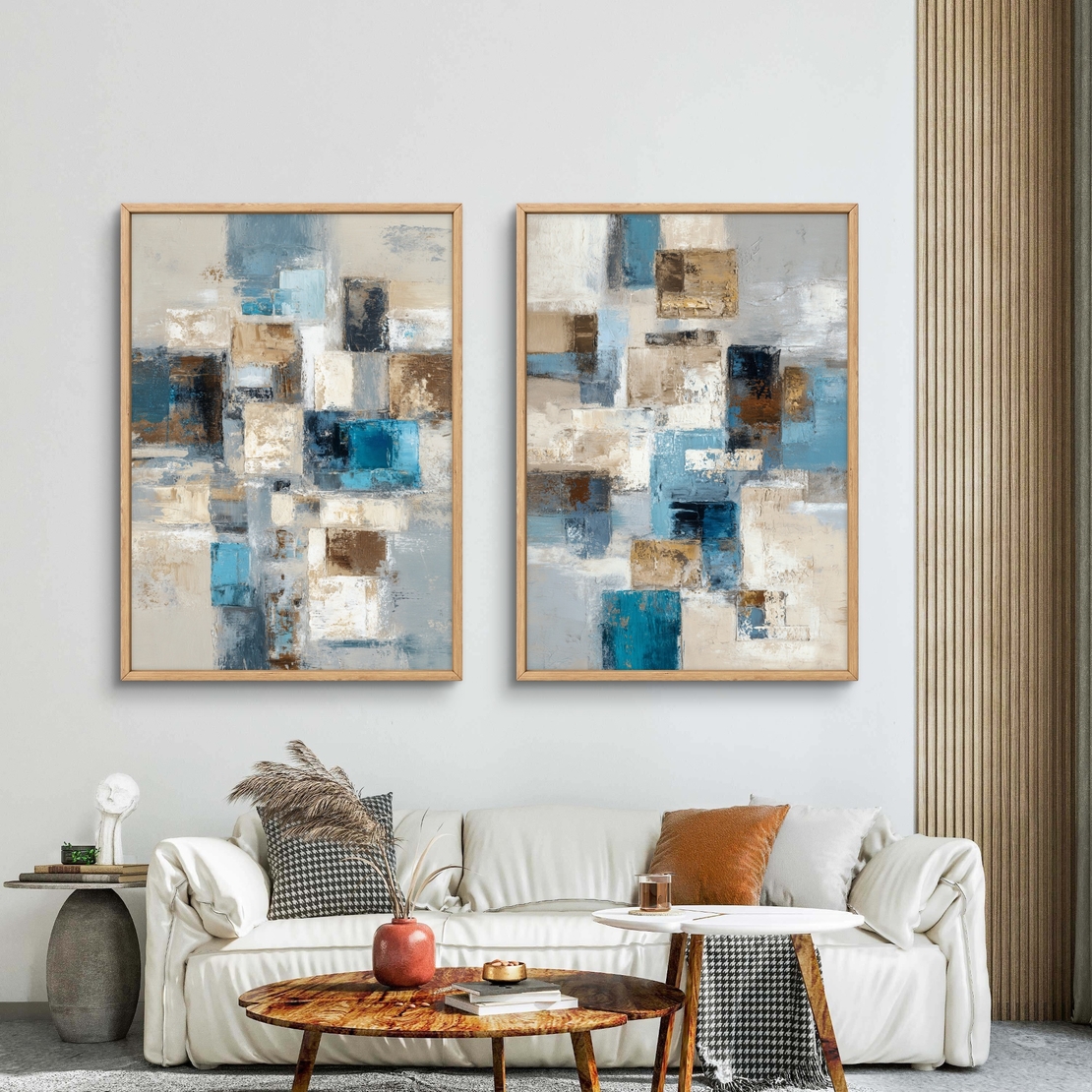 סט תמונות קנבס זוגיות בסגנון אבסטרקט גיאומטרי בגווני כחול, תכלת ובז׳ לעיצוב סלון מודרני