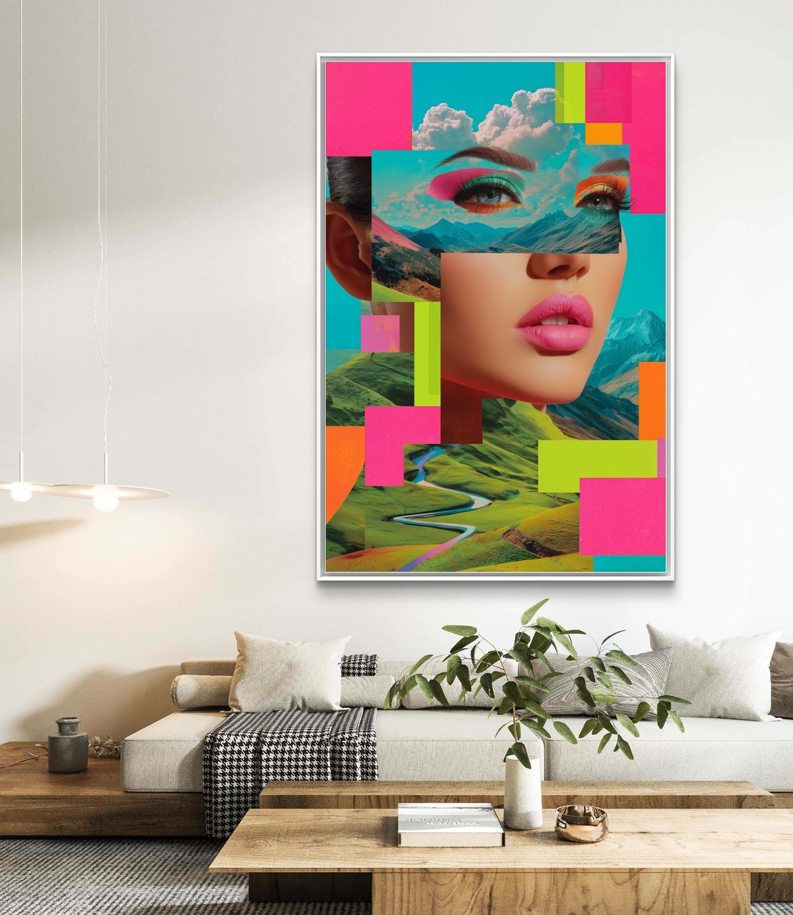 תמונת קנבס צבעונית עם דמות נשית ונופים בסגנון סוריאליסטי