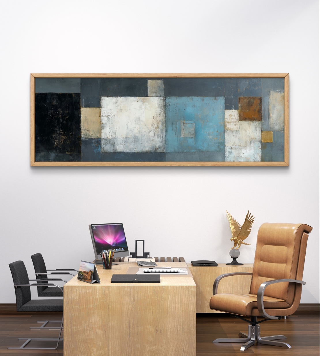 ריבועים שקטים – תמונת קנבס פנורמית אבסטרקטית בגווני כחול, לבן, אפור וזהב | CT4672