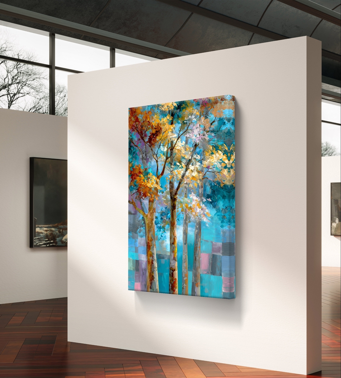 תמונת קנבס עם עצים אמנותיים בגווני תכלת, טורקיז וזהב, בעיצוב מודרני ומרגיע לבית