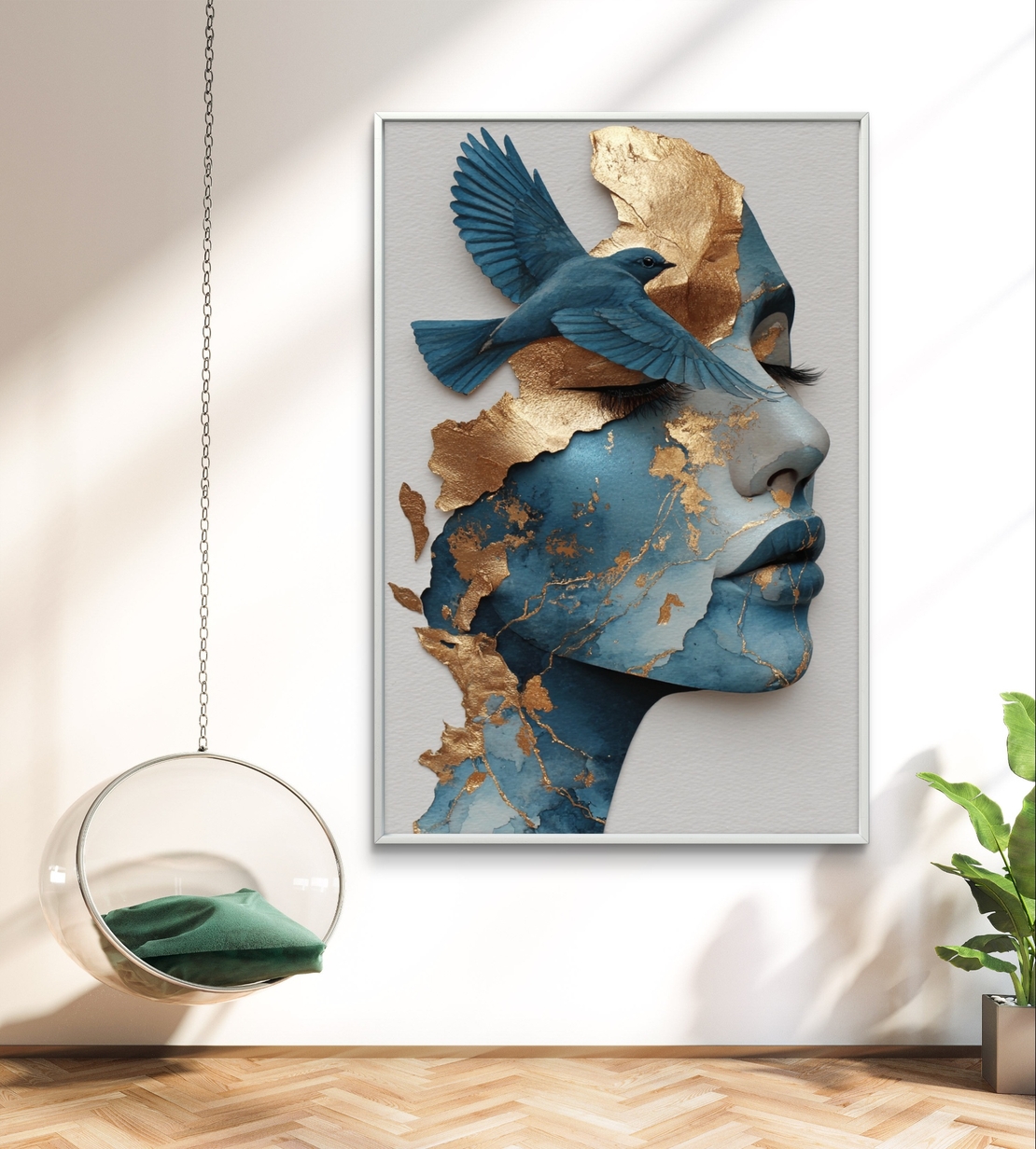 תמונת קנבס של דיוקן נשי בגווני כחול וזהב עם ציפור כחולה בהדפסה חלקה – תכשיט לבית